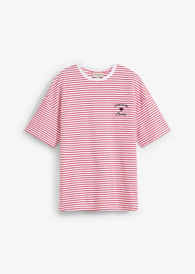 Gestreept T-shirt met borduursel, Kleur: rood-wit gestreept