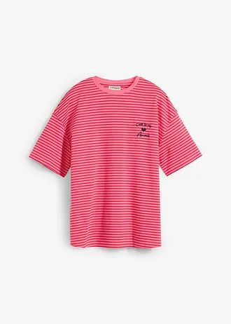 Gestreept T-shirt met borduursel, Kleur: pink-rood gestreept