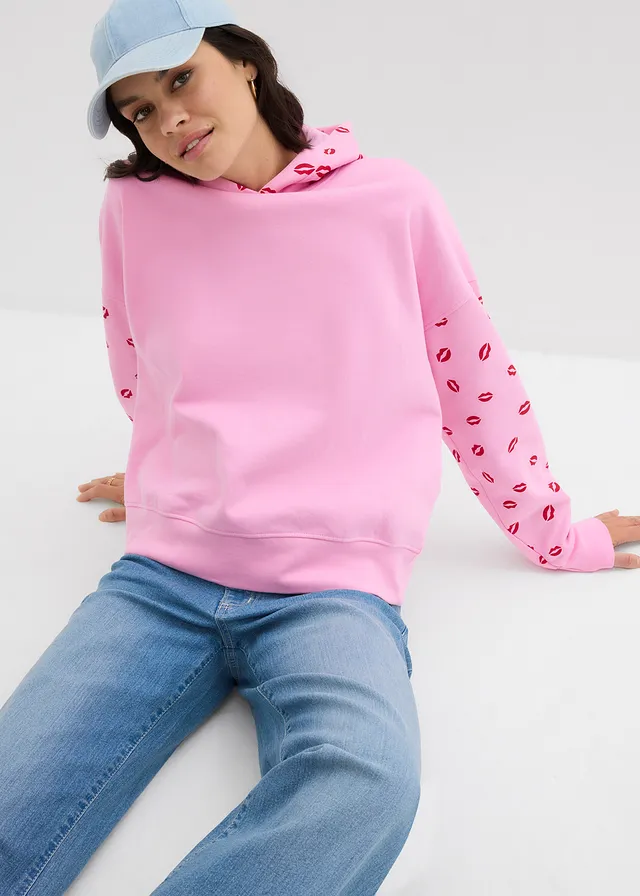 Bluza oversize z kapturem z czystej bawełny organicznej • jasnoróżowo-czerwony z nadrukiem • sklep bonprix