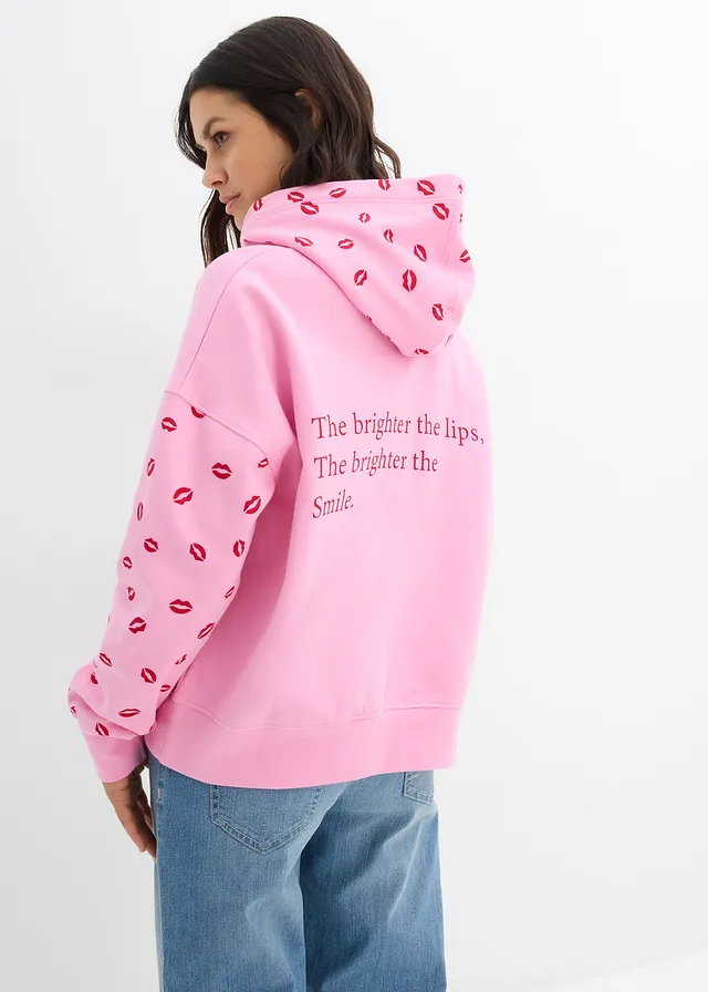 Oversized hoodie van biologisch katoen, Kleur: roze-rood met print