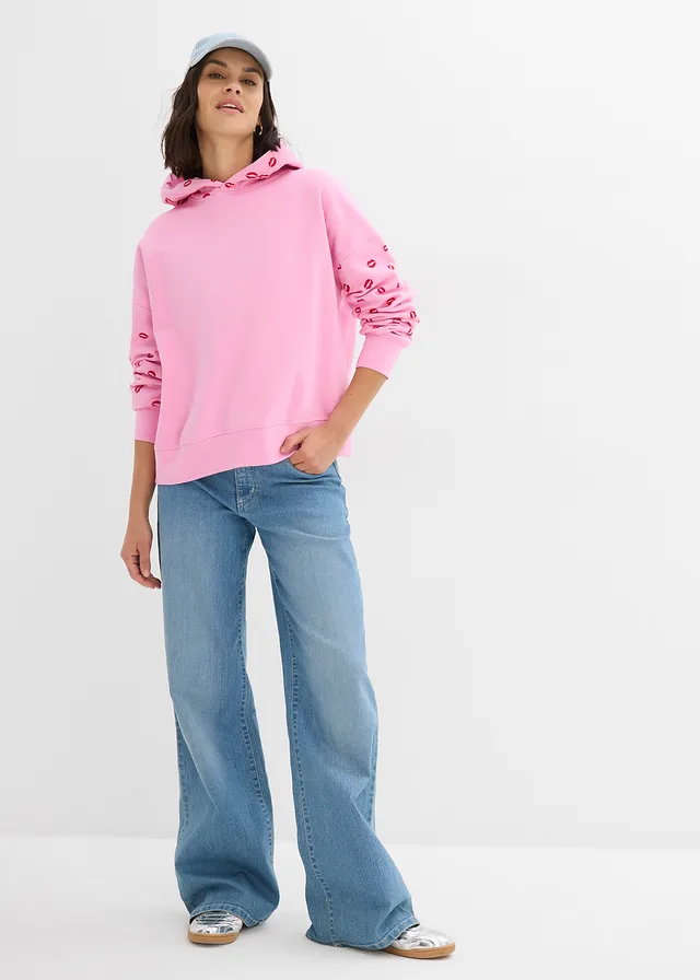 Oversized hoodie van biologisch katoen, Kleur: roze-rood met print