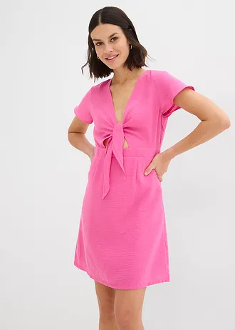 Mini jurk met een knoop onder aan de V-haks • lichtfuchsia • bonprix online shop