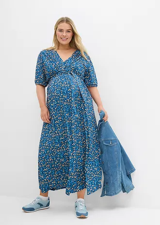 Robe longue de grossesse et d'allaitement en jersey, Couleur: indigo clair à fleurs