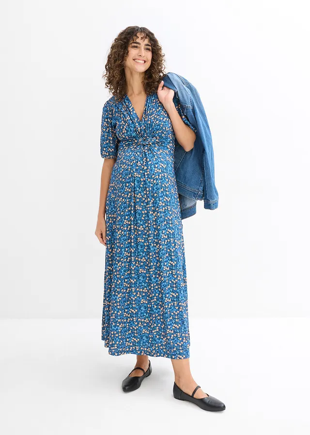 Robe longue de grossesse et d'allaitement en jersey, Couleur: indigo clair à fleurs