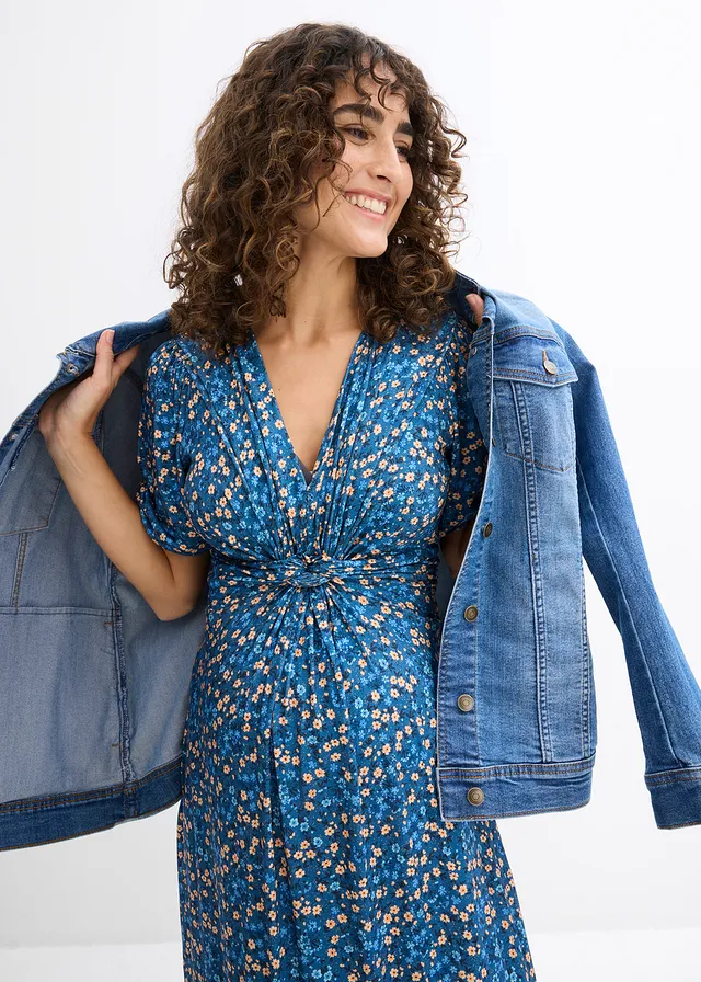 Robe longue de grossesse et d'allaitement en jersey • indigo clair à fleurs • product-page.page-title-suffix