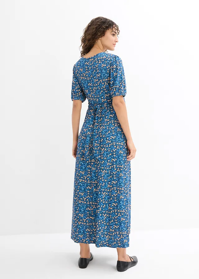 Robe longue de grossesse et d'allaitement en jersey, Couleur: indigo clair à fleurs