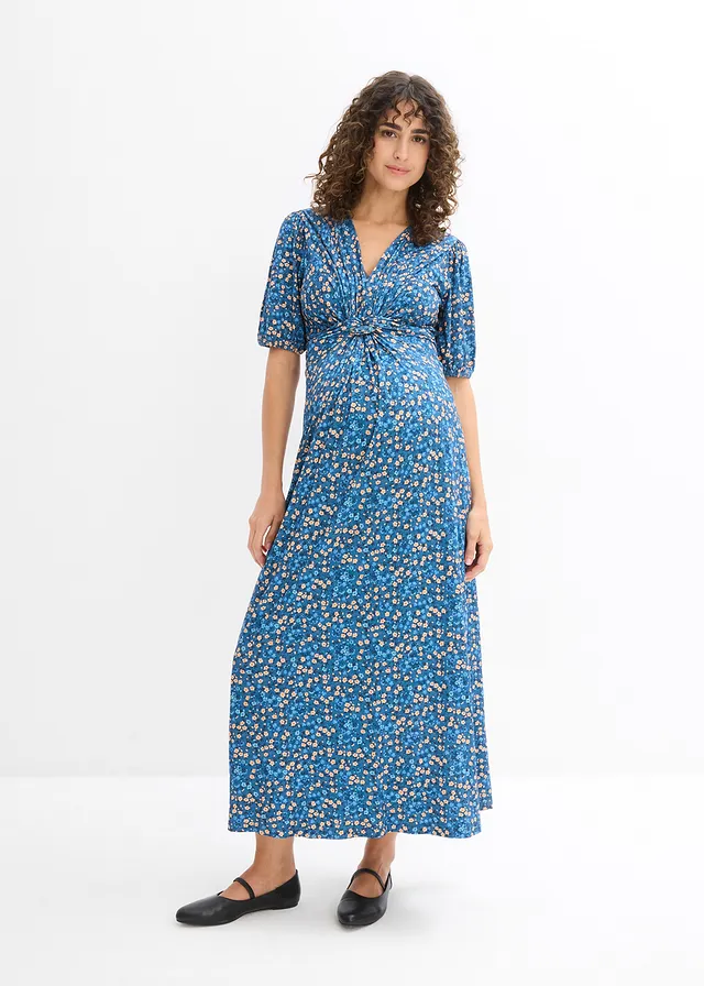 Robe longue de grossesse et d'allaitement en jersey, Couleur: indigo clair à fleurs
