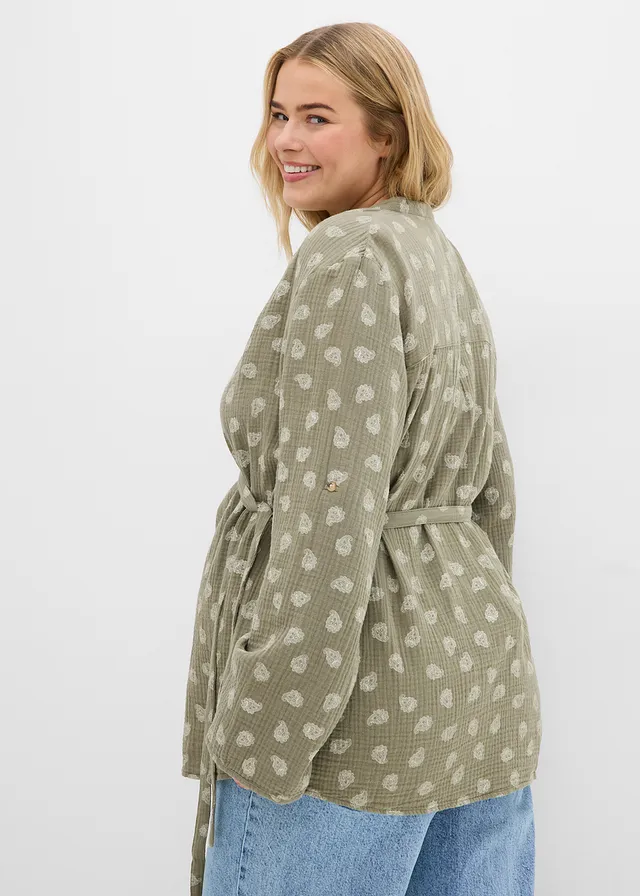 Blouse de grossesse et d’allaitement en gaze 100% coton, Couleur: olive-blanc cassé paisley
