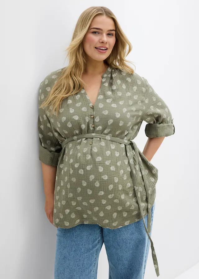 Blouse de grossesse et d’allaitement en gaze 100% coton, Couleur: olive-blanc cassé paisley