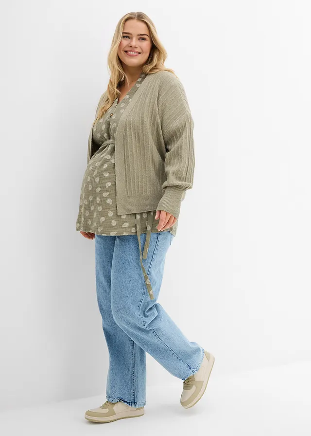 Blouse de grossesse et d’allaitement en gaze 100% coton, Couleur: olive-blanc cassé paisley