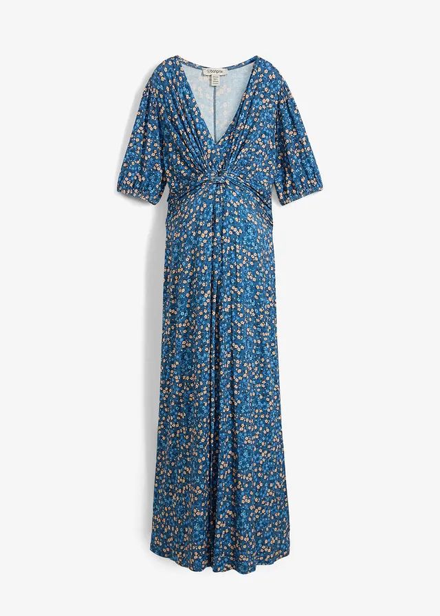 Robe longue de grossesse et d'allaitement en jersey, Couleur: indigo clair à fleurs