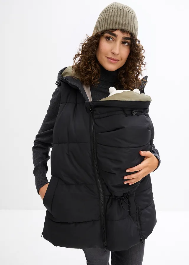 3-in-1 waterafstotende zwangerschapsbodywarmer met inzetstuk, Kleur: zwart/donkerolijfgroen