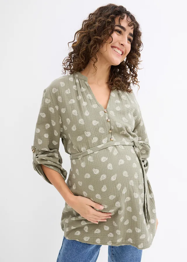Blouse de grossesse et d’allaitement en gaze 100% coton, Couleur: olive-blanc cassé paisley