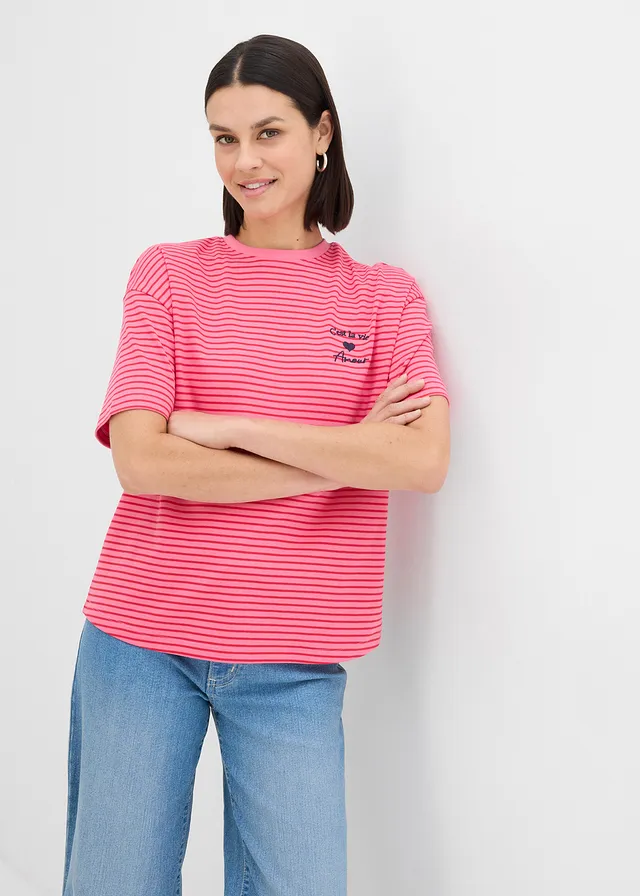 Gestreept T-shirt met borduursel, Kleur: pink-rood gestreept