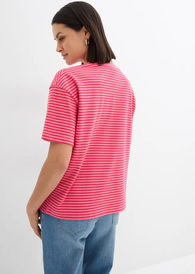 T-shirt rayé avec broderie, Couleur: rose/rouge rayé