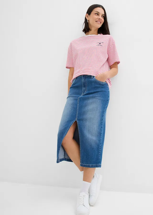 Gestreept T-shirt met borduursel middelblauw denim