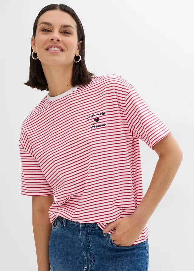 T-shirt rayé avec broderie, Couleur: rouge/blanc rayé