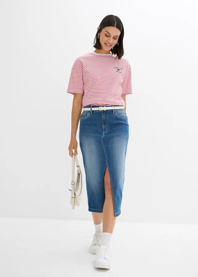 Gestreept T-shirt met borduursel, Kleur: rood-wit gestreept