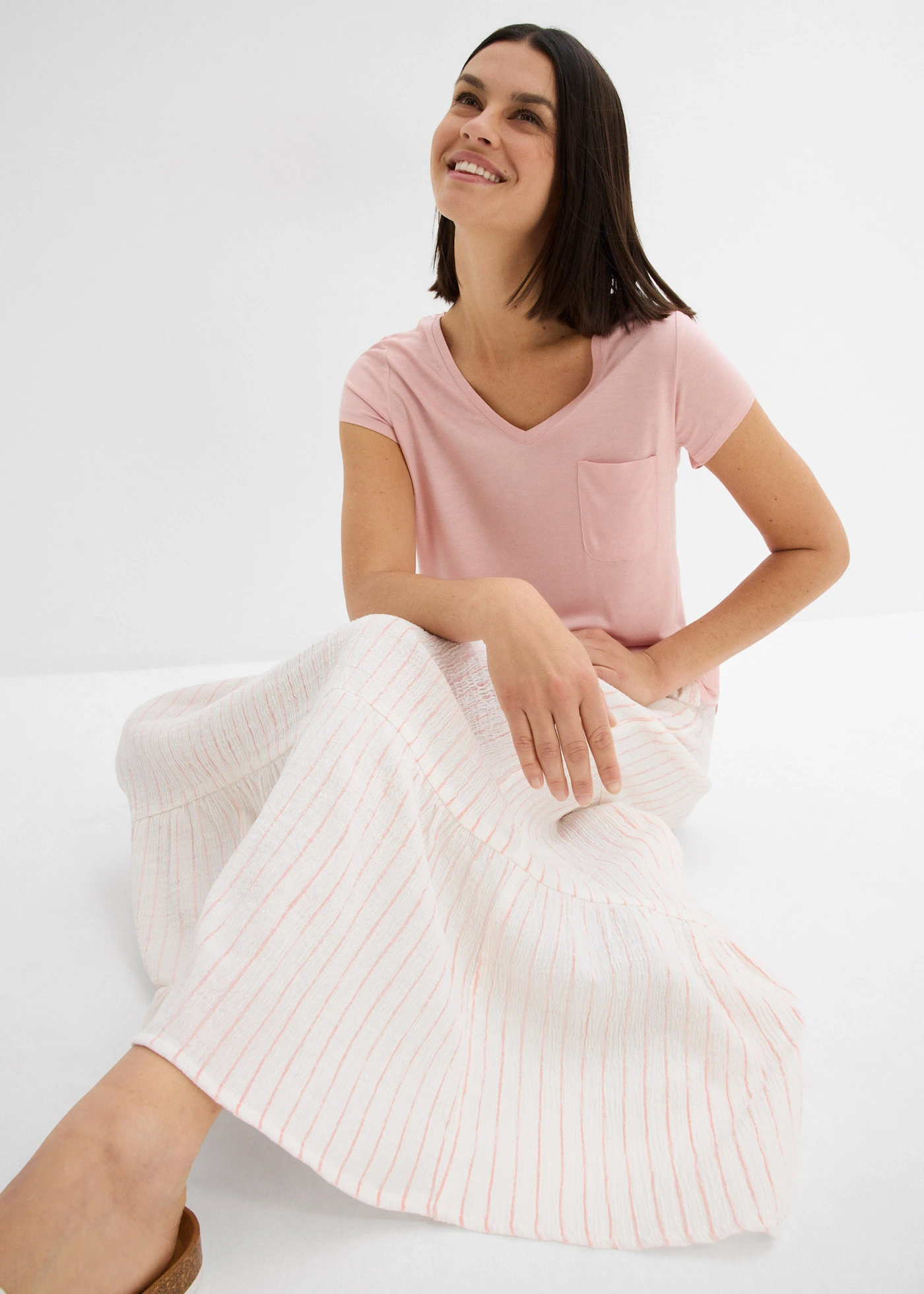 Proužkovaná dlouhá sukně z čisté bavlny • růženínovo-přírodní bílá s proužky • bonprix obchod