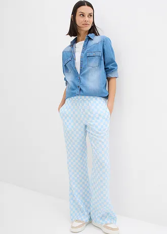 Pantalon ample à carreaux, en viscose fluide, Couleur: bleu glacier/écru carreaux