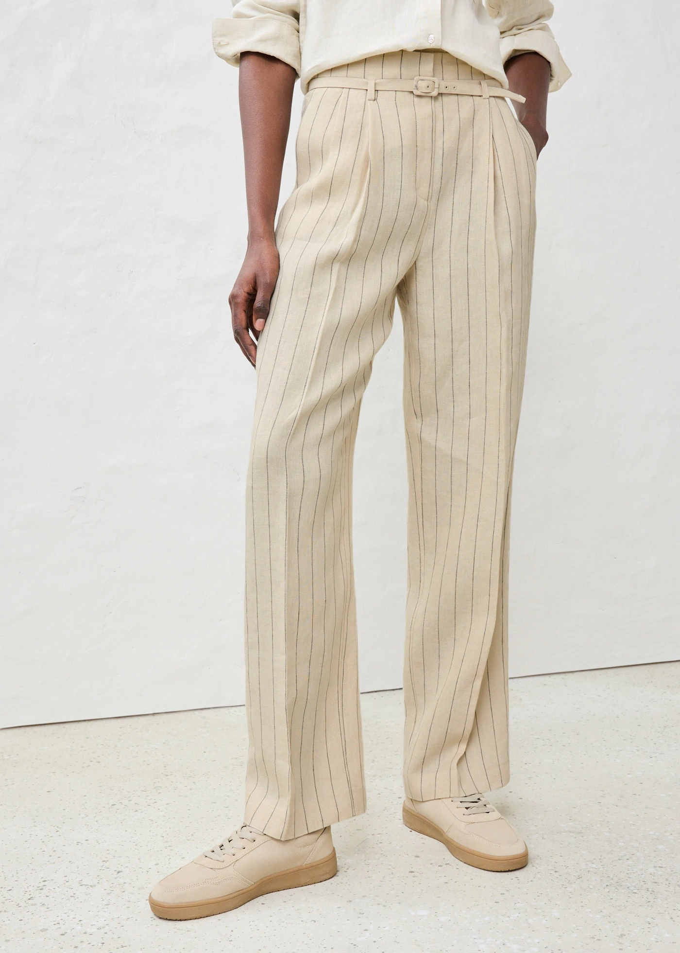 Kalhoty a pásek (2dílná souprava) z čistého lnu • světle písková s proužky • bonprix obchod