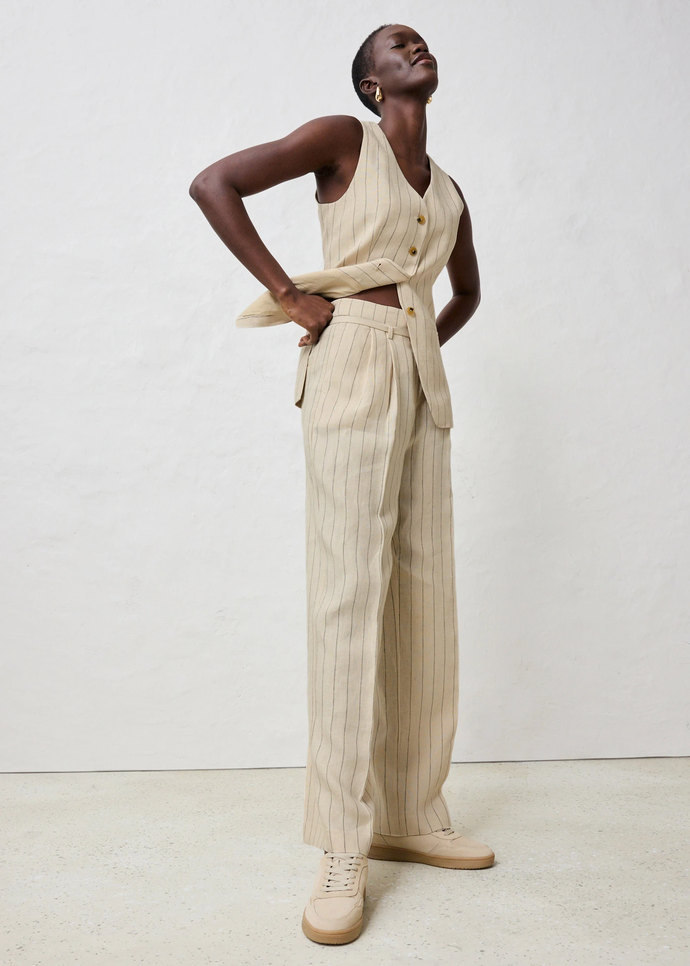 Kalhoty a pásek (2dílná souprava) z čistého lnu • světle písková s proužky • bonprix obchod