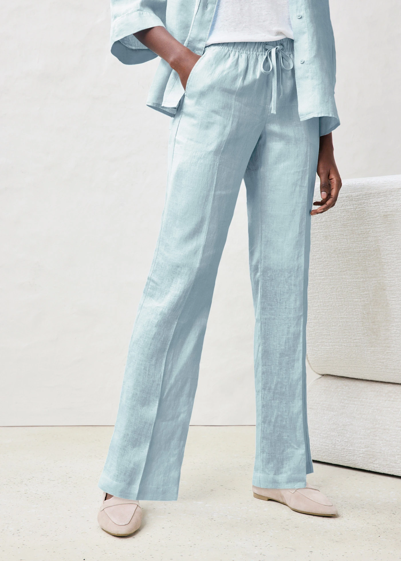 Pantaloni cu elastic și șiret în talie, din in 100% • bleu-gheață • magazin bonprix