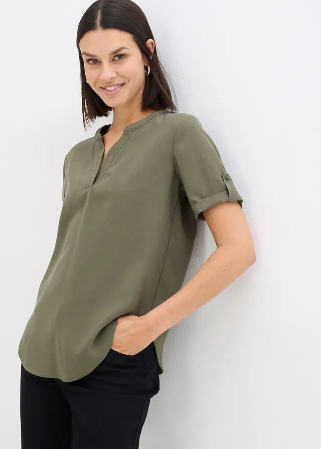 Blouse met korte mouwen van een soepele viscosemix, Kleur: donkerolijfgroen