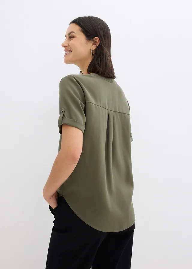 Blouse met korte mouwen van een soepele viscosemix, Kleur: donkerolijfgroen