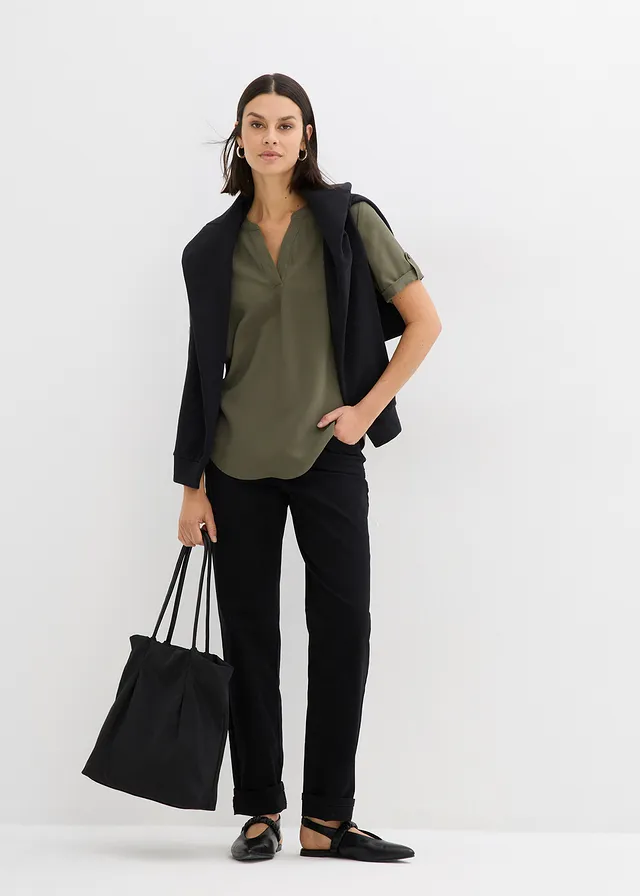 Blouse met korte mouwen van een soepele viscosemix, Kleur: donkerolijfgroen