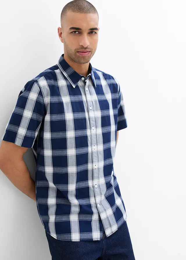 Chemise manches courtes 100% coton, Couleur: bleu foncé carreaux
