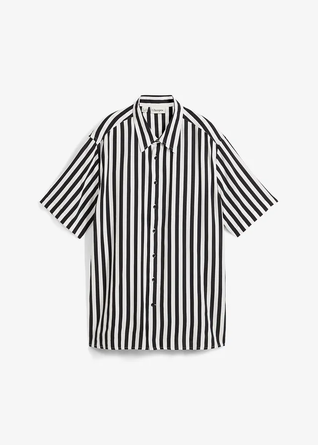 Chemise manches courtes en viscose douce, Couleur: noir-écru rayé