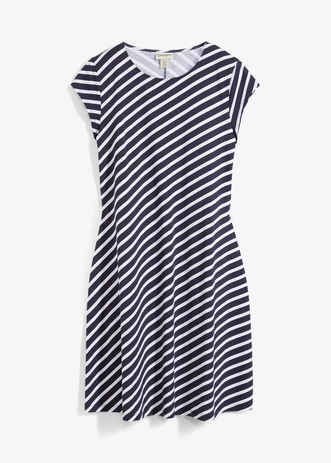 Rochie din jerse cu croială care pune în valoare silueta • bleumarin/alb cu dungi • magazin bonprix