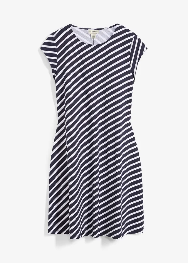 Rochie din jerse cu croială care pune în valoare silueta • bleumarin/alb cu dungi • magazin bonprix
