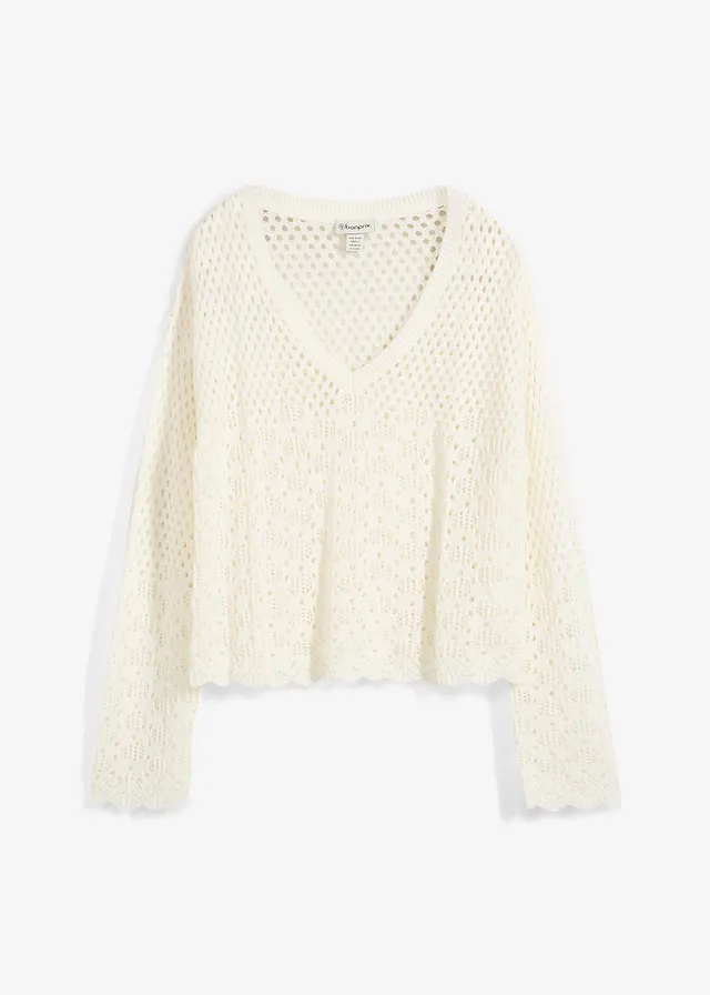 Pull léger en maille ajourée, Couleur: écru