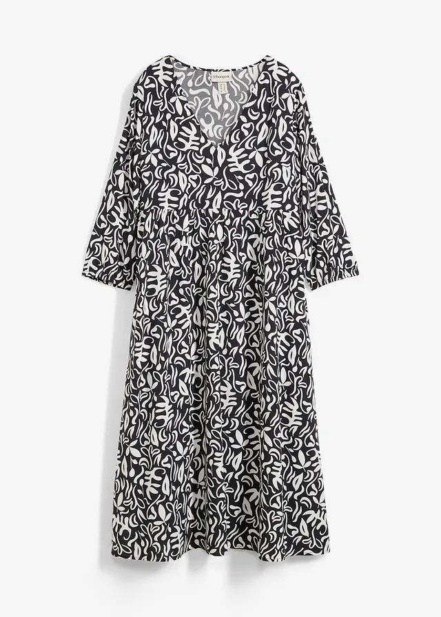 Robe midi en viscose fluide, Couleur: noir/écru imprimé