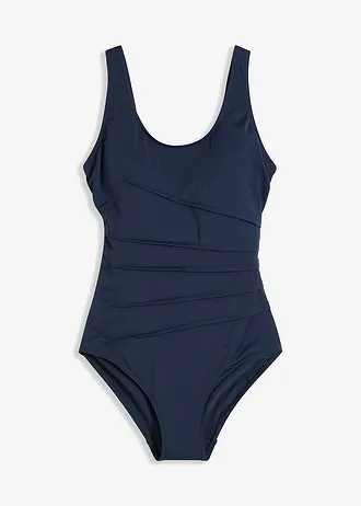 Maillot 1 pièce sculptant, maintien léger, avec plis décoratifs, Couleur: bleu foncé