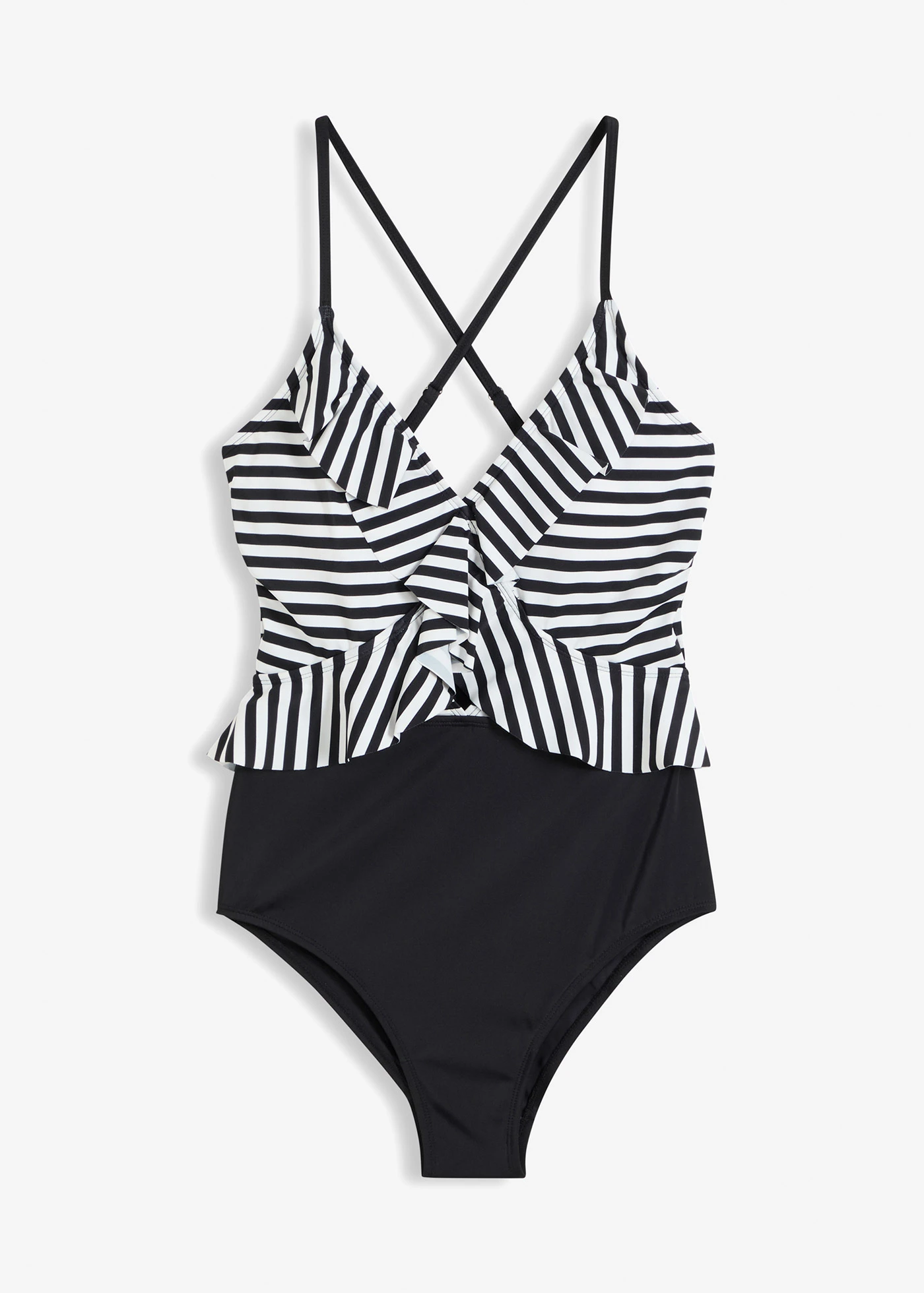 Maillot 1 pièce à volants • noir/blanc rayé • Boutique bonprix