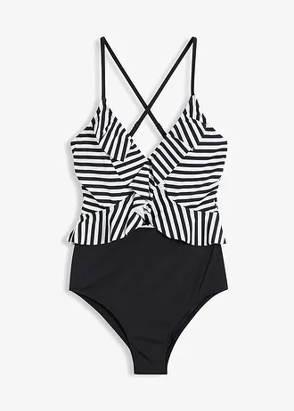 Maillot 1 pièce à volants • noir/blanc rayé • Boutique bonprix