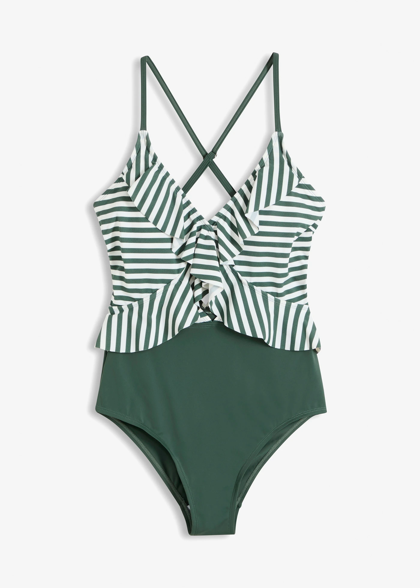 Maillot 1 pièce à volants • vert mousse-blanc rayé • Boutique bonprix