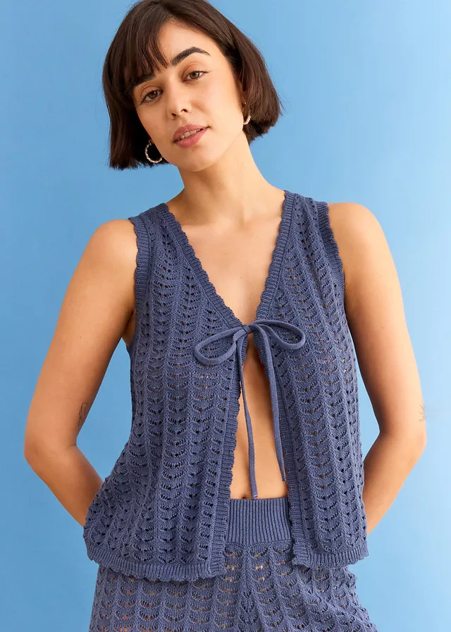Mouwloos ajour vest, Kleur: indigo