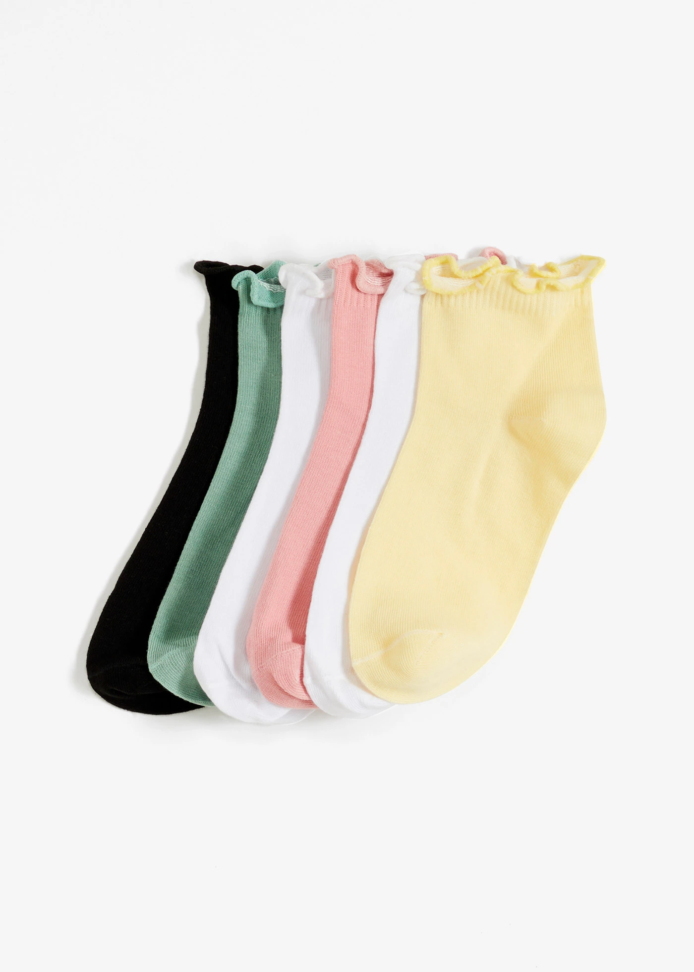 Lot de 6 paires de socquettes en coton majoritaire • blanc + noir + jaune clair + vert pastel + rose pâle • Boutique bonprix