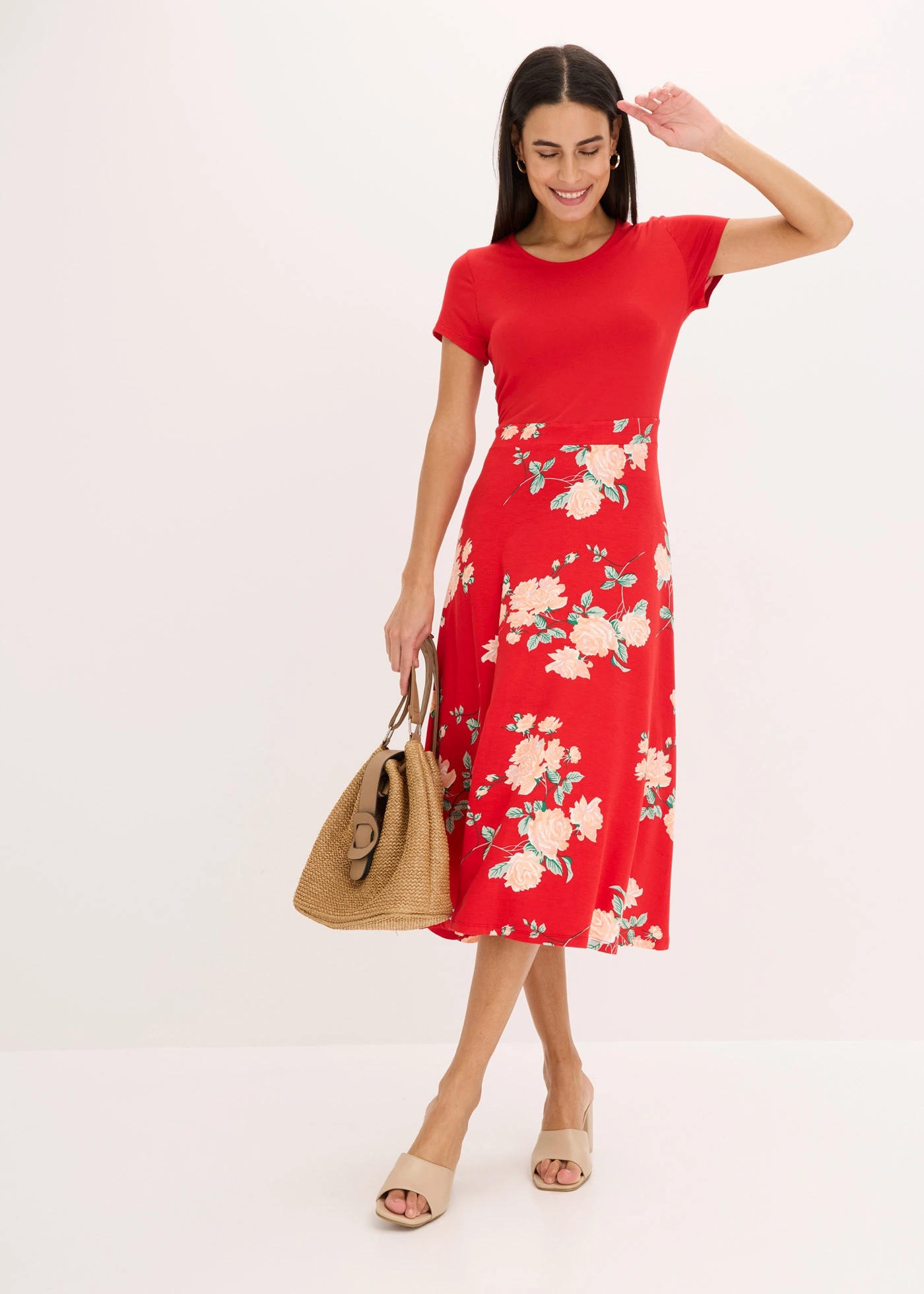 Jersey jurk • aardbeirood/oudroze/licht perzik/grijsgroen/licht perzik/groen gebloemd • bonprix online shop