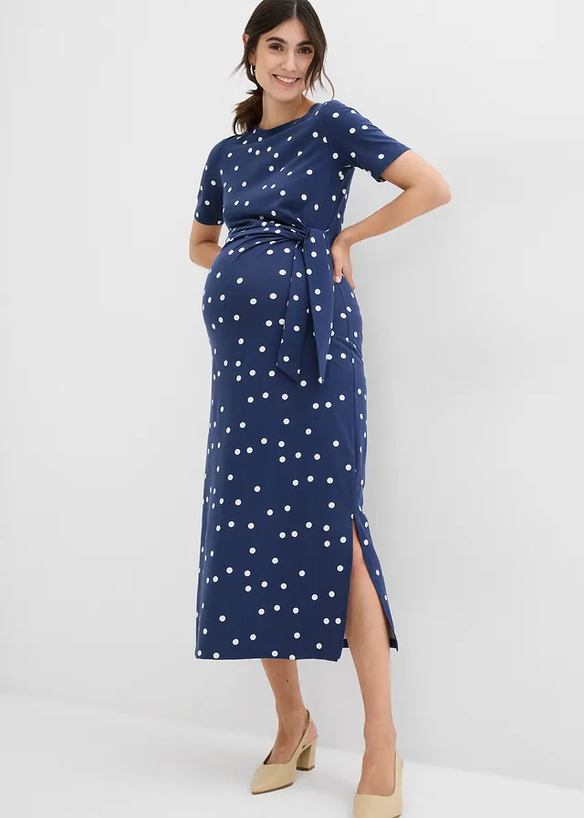 Robe midi de grossesse en jersey coton, Couleur: bleu foncé/écru à pois