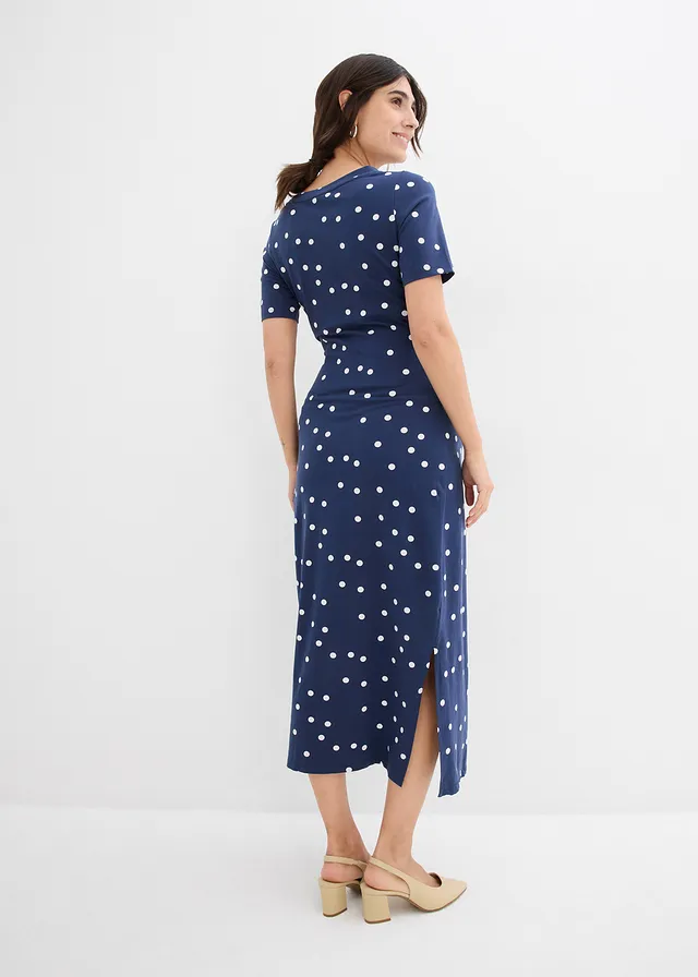 Robe midi de grossesse en jersey coton, Couleur: bleu foncé/écru à pois