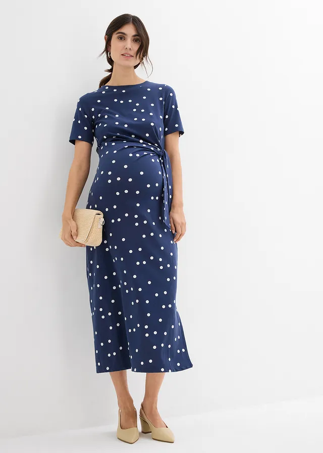Robe midi de grossesse en jersey coton, Couleur: bleu foncé/écru à pois