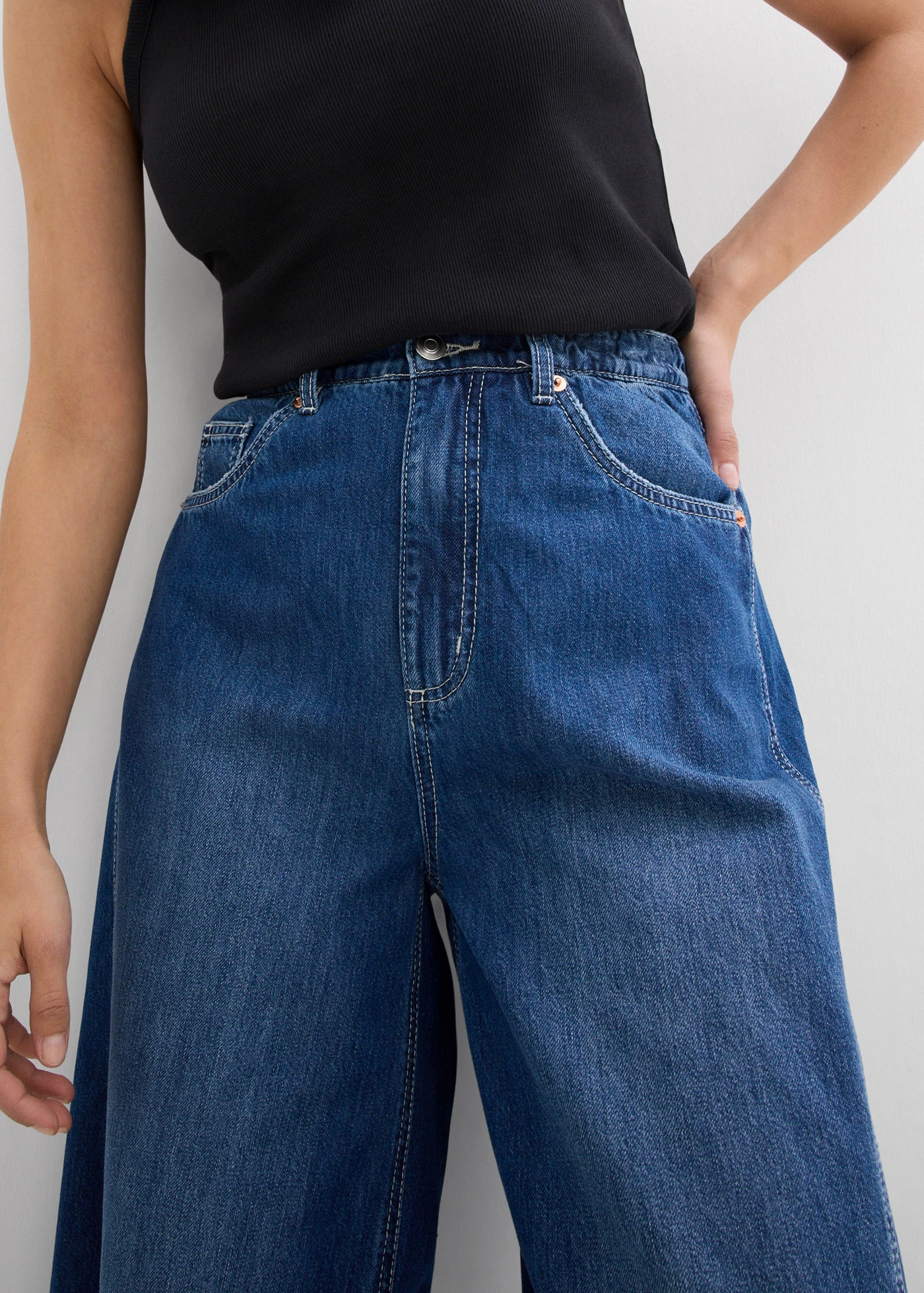 Jeansy typu ballon, high waist, super soft • niebieski denim "used" • sklep bonprix
