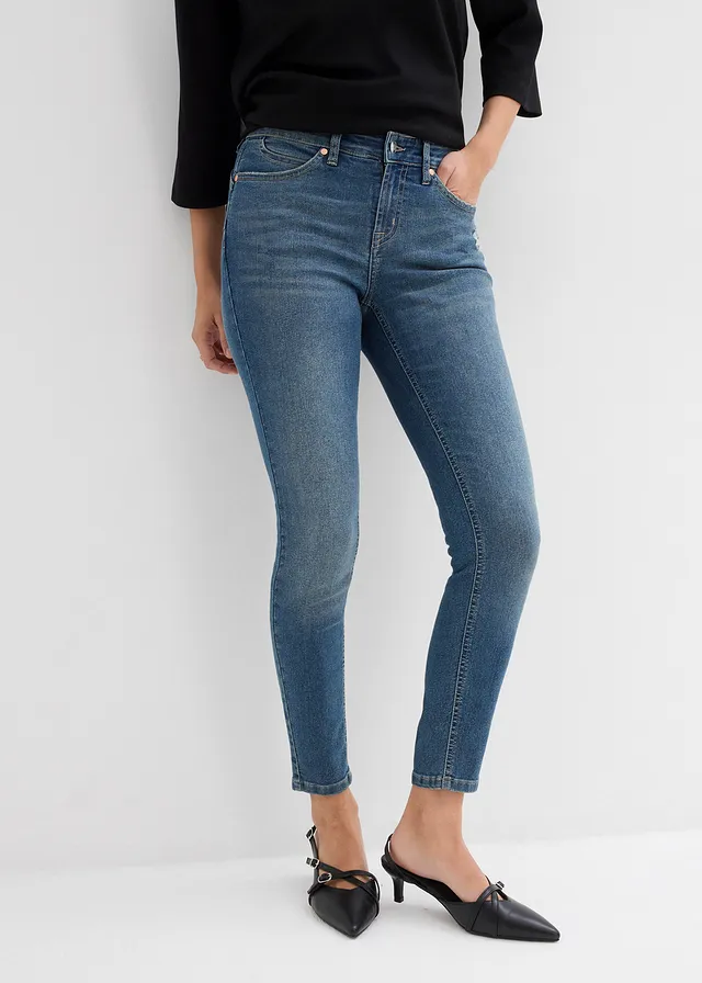 Blugi Skinny High Waist, Stretch, culoare: albastru stone/bej new uzat