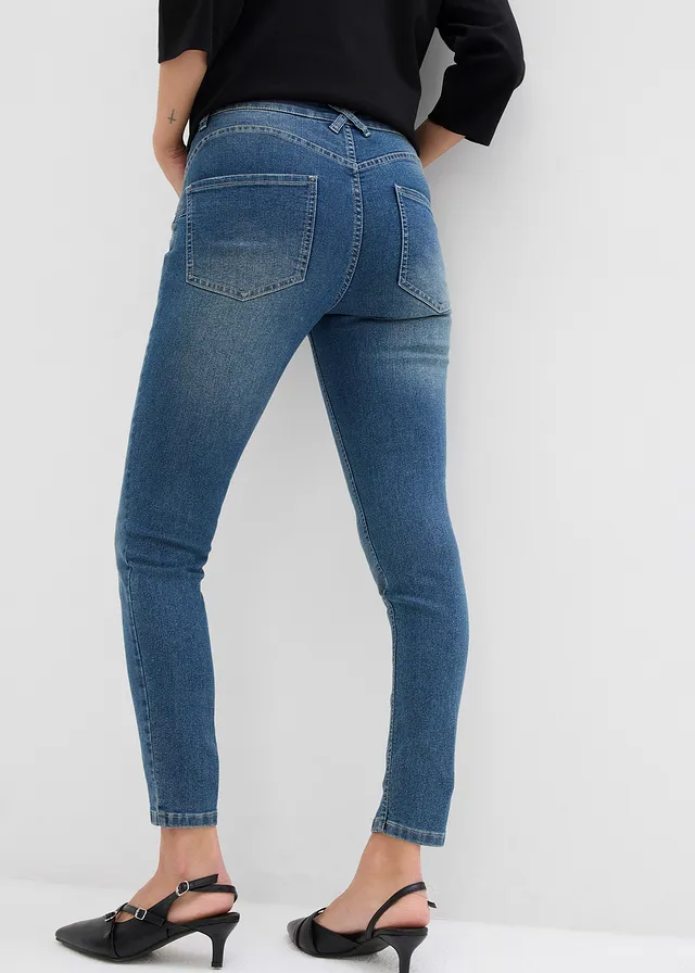 Blugi Skinny High Waist, Stretch, culoare: albastru stone/bej new uzat