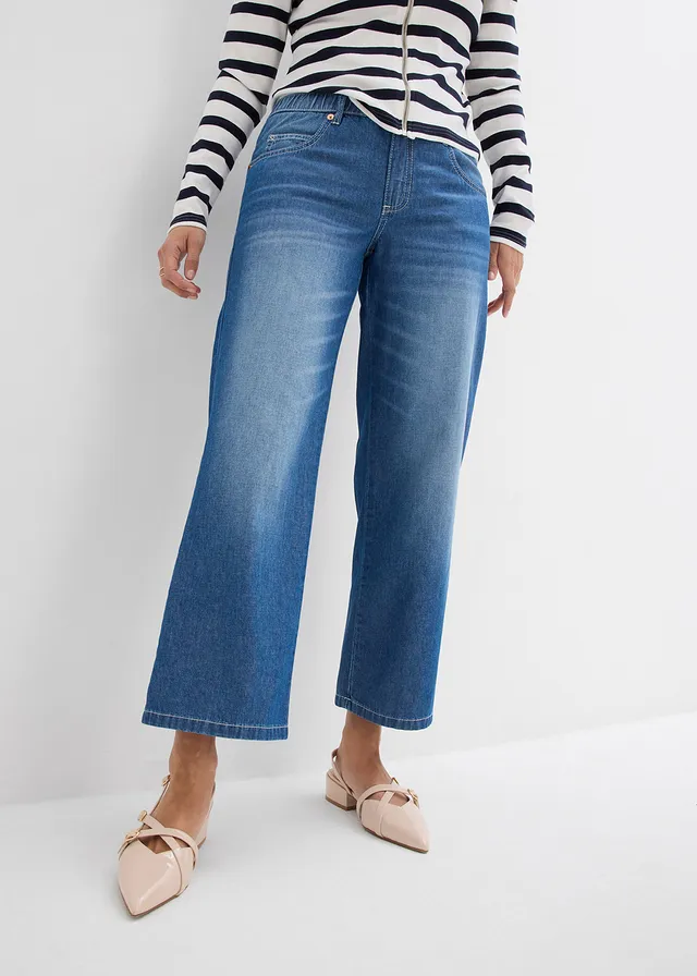 Jean droit taille mi-haute et élastiquée, raccourci • bleu denim - used • product-page.page-title-suffix